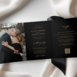 ミニマリスト2枚の写真 ゴールド ブラック 結婚式 RSVP QR 三つ折り招待状