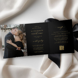 ミニマリスト2枚の写真 ゴールド ブラック 結婚式 RSVP QR 三つ折り招待状