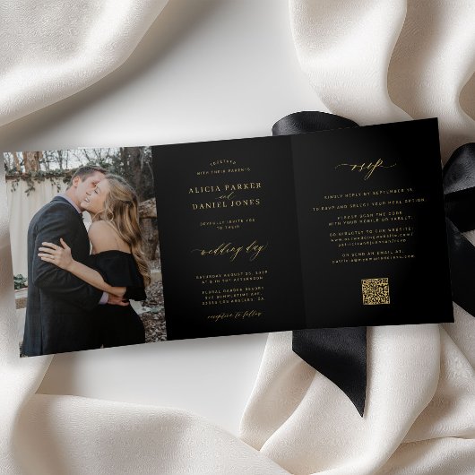 ミニマリスト2枚の写真 ゴールド ブラック 結婚式 RSVP QR 三つ折り招待状