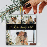 ミニマリスト3家族の写真コラージクリスマス セラミックオーナメント<br><div class="desc">シンプルモダンエレガント書ブラック金ゴールド3家族の写真コラージメリークリスマススクリプトセラミックオーナメント。このフェスティバル、ミニマルお洒落リスト、3つの写真の休日のオーナメントは、グリッドかわいらしフォトコラージュと家族の名前と年を特徴としている。家名は黒書色の背景の金ゴールドで渦巻形の手文字のフォントスクリプトで表されている。裏面には家族名の写真が1枚。クリスマスかわいらしの休暇の季節に家族や友人のために記念しなさい。</div>