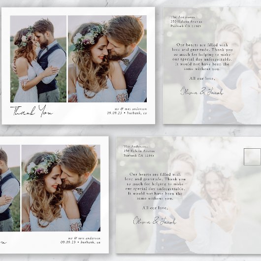 ミニマリスト3枚写真カリグラフィー結婚式お礼カード ポストカード