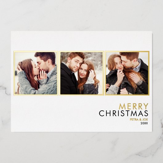 ミニマリスト3枚写真コラージュ クリスマス ゴールド 箔シーズンカード (正面)