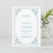 ミニマリスト アズールブルーの花とゴールドのツタの結婚式 招待状 (スタンド正面)