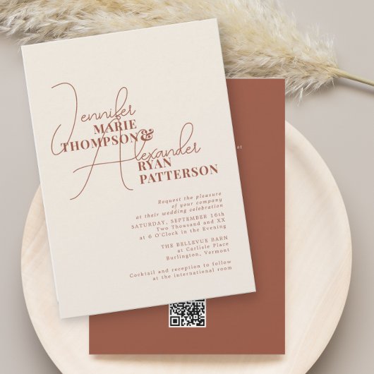 ミニマリスト アースカラー テラコッタ ワン RSVP QRコード 招待状