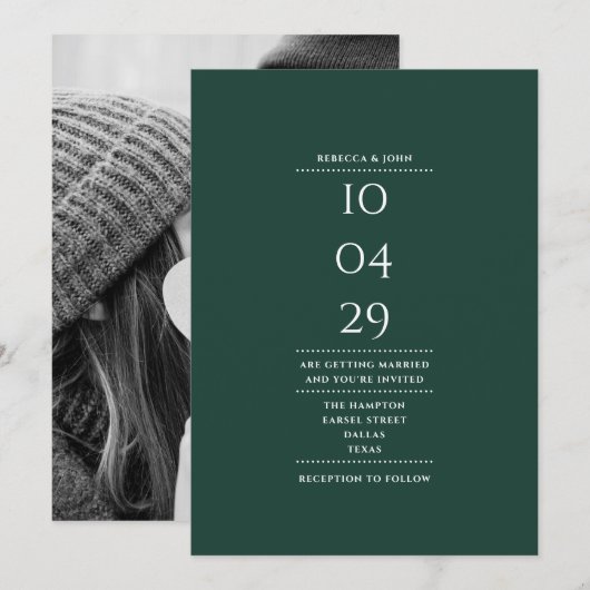 ミニマリスト エメラルドグリーン フォト ウェディング デート 招待状 (正面/裏面)