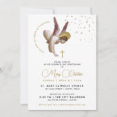 ミニマリスト エレガント ホワイトゴールド 洗礼 エンジェル フェイス 招待状 (正面)