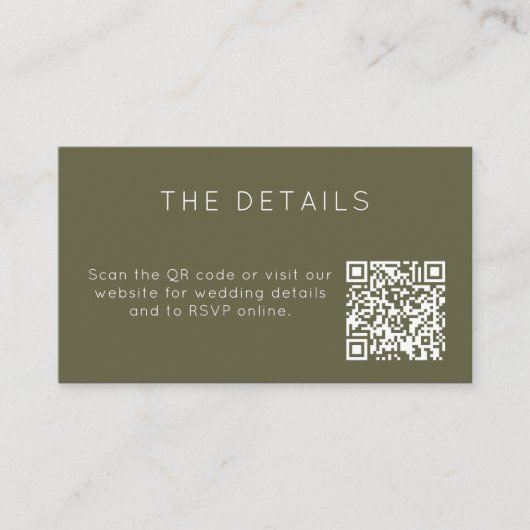 ミニマリスト オリーブグリーン ウェディング RSVP オンラインQRコード エンクロージャーカード (正面)