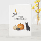 ミニマリスト オレンジカボチャ 黒猫 ハロウィン カード (黄色い花)
