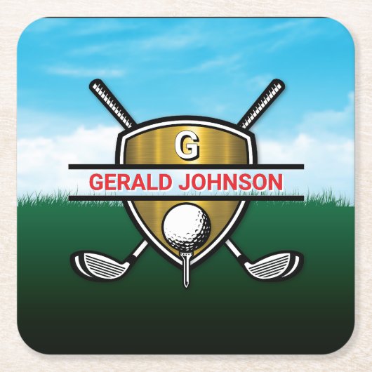 ミニマリスト カスタム エレガント ゴルフ モノグラム スクエアペーパーコースター (正面)