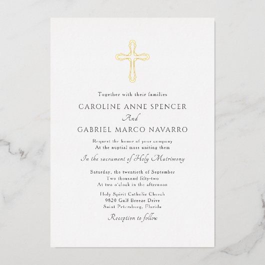 ミニマリスト・カトリック結婚式 箔招待状 (正面)
