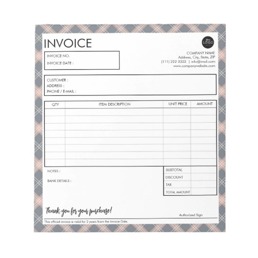 ミニマリスト グレー プライド ボーダー インボイス テンプレート ノートパッド (正面)