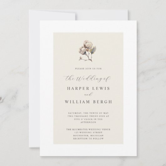ミニマリスト コットン ブランチ ウェディング 招待状 (正面)