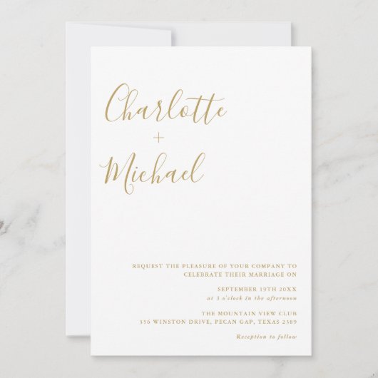 ミニマリスト ゴールド シグネチャー スクリプト ウェディング 招待状 (正面)