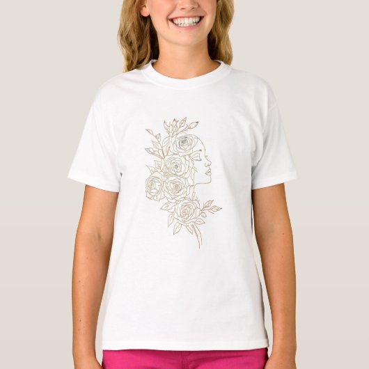 ミニマリスト ゴールド ローズ ウーマン ライン アート Tシャツ (正面)