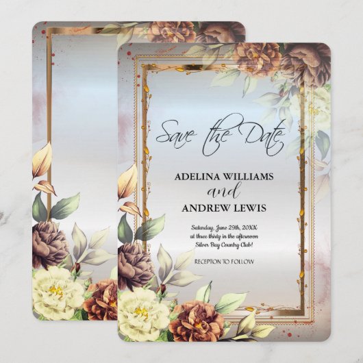 ミニマリスト シンプル シルバー フラワーズ ローズ, ゴールド フレーム 招待状 (正面/裏面)