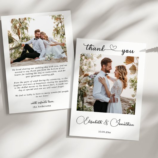 ミニマリスト シンプル スクリプト ハート 2 フォト ウェディング サンキューカード