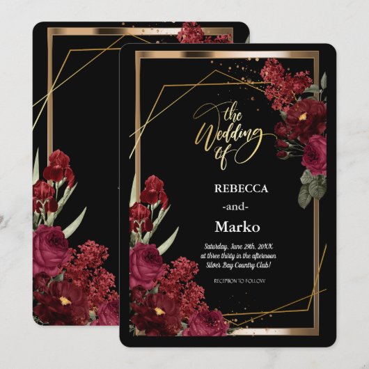 ミニマリスト シンプル レッド ローズ, ゴールド フレーム 招待状 (正面/裏面)