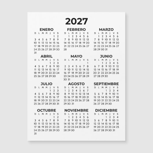 ミニマリスト シンプル 2027年 マグネット スペイン語 カレンダー (正面)