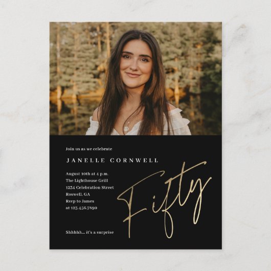 ミニマリスト スクリプト ゴールド 50歳の写真付き誕生日 ポストカード (正面)