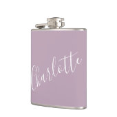 ミニマリスト スクリプト パーソナライズ ネーム ダスティ ライラック フラスク (左)