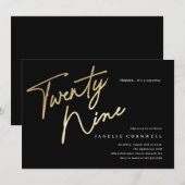 ミニマリスト スクリプト ブラックとゴールド 29歳の誕生日 招待状 (正面/裏面)