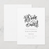 ミニマリスト スクリプト ブラック＆ホワイト セーブ・ザ・デート 案内ポストカード (正面/裏面)