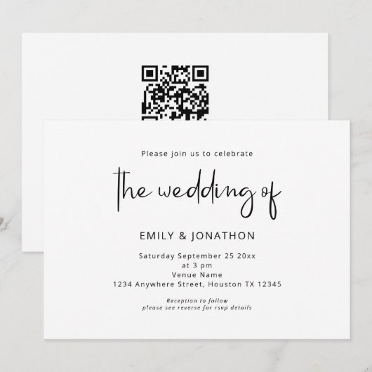 ミニマリスト スクリプト ブラック ホワイト QR コード ウェディング 招待状 (正面/裏面)