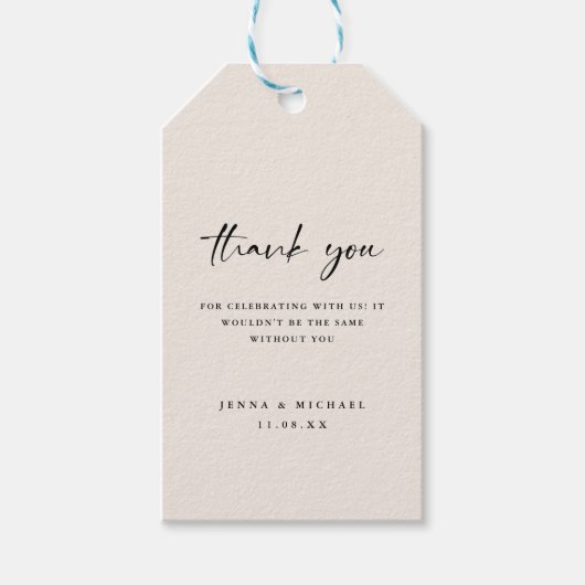 ミニマリスト スクリプト ベージュ「ありがとう」ウェディング ギフトタグ (正面)