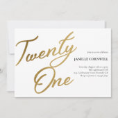 ミニマリスト スクリプト 白とゴールドの 21 歳の誕生日 招待状 (正面)
