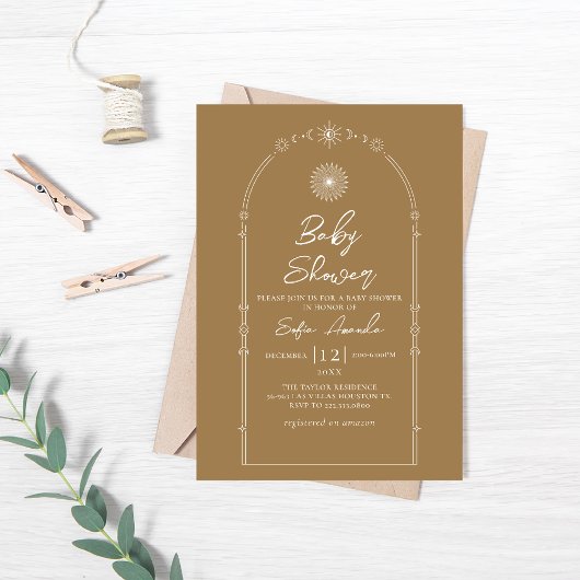 ミニマリスト セレスチャル モノライン マンダラ ベビーシャワー 招待状