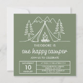 ミニマリスト・セージグリーンの落書きデザイン One Happy Camper 招待状 (正面)