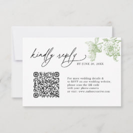 ミニマリスト・セージグリーンのQRコード付き結婚式RSVPカード 出欠カード