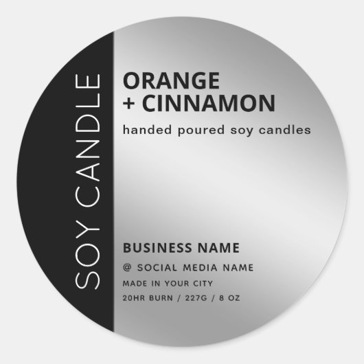 ミニマリスト タイポグラフィー シルバー ブラック 大豆キャンドル ラウンドシール (正面)