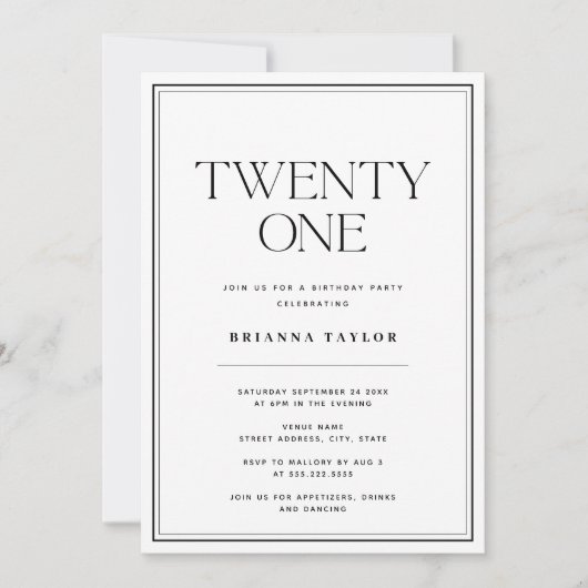 ミニマリスト タイポグラフィー モノクロ 21歳の誕生日 招待状 (正面)
