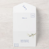 ミニマリスト ダスティーブルーのラブバード ウェディング オールインワン招待状 (外側)