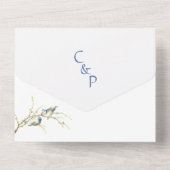 ミニマリスト ダスティーブルーのラブバード ウェディング オールインワン招待状 (裏面)