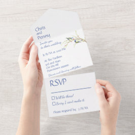 ミニマリスト ダスティーブルーのラブバード ウェディング オールインワン招待状