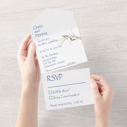 ミニマリスト ダスティーブルー ジャクリーン ラブバード ウェディング オールインワン招待状 (貼ってはがせる)