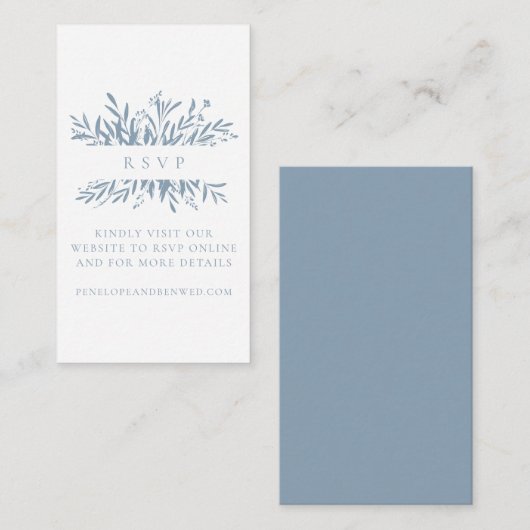 ミニマリスト ダスティーブルー ボヘミアンビタニカル ウェディング RSVP エンクロージャーカード (正面/裏面)