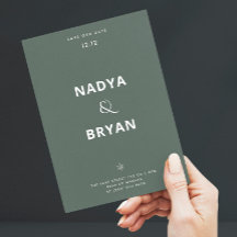 ミニマリスト ダークグリーン QR コード 冬の結婚式 招待状