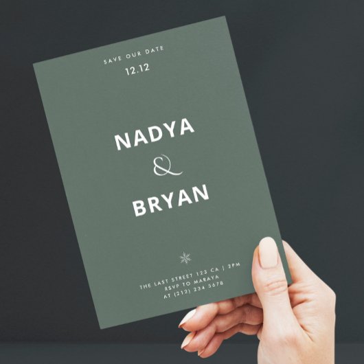 ミニマリスト ダークグリーン QR コード 冬の結婚式 招待状