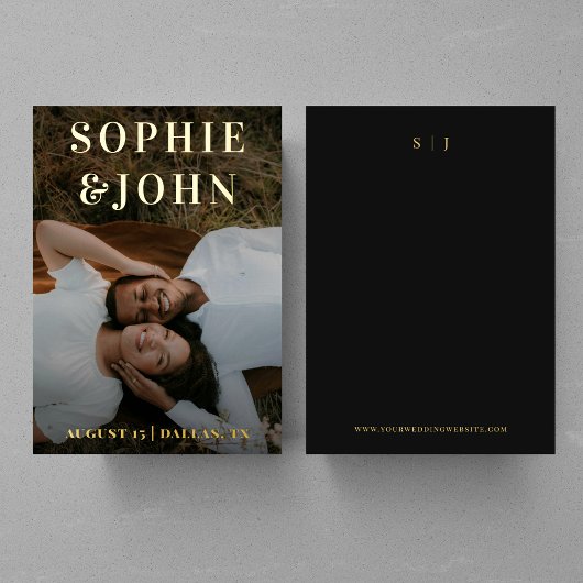 ミニマリスト ダーク フェード フォト モノグラム Save the Date 箔招待状