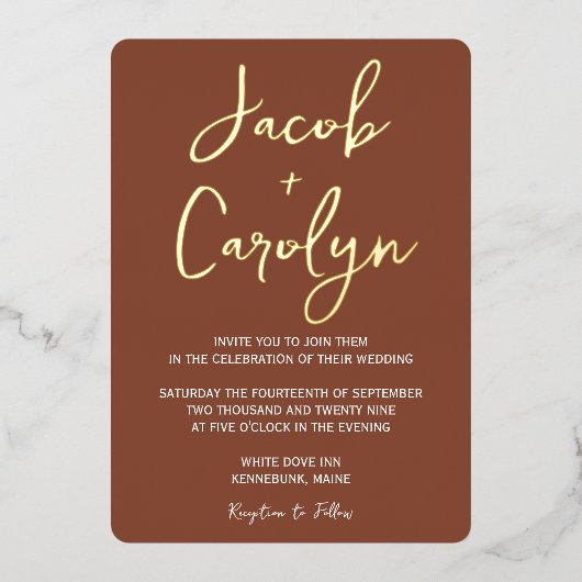 ミニマリスト・テラコッタと金ゴールド結婚ズ 箔招待状 (正面)