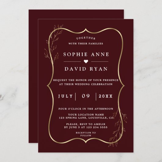 ミニマリスト ディープバーガンディ ゴールド ラインアート ウェディング 招待状 (正面/裏面)