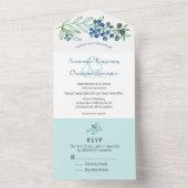 ミニマリスト・トップ・ブルー・縁どベリー・リーフ結婚ズ オールインワン招待状 (内側)