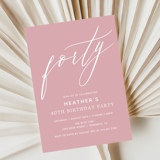 ミニマリスト ニュートラル ピンク フォーティ 40時間の誕生日パーティー 招待状