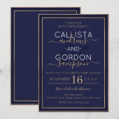 ミニマリスト ネイビーブルー ゴールド ダブルボーダー ウェディング 招待状 (正面/裏面)