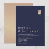 ミニマリスト ネイビーブルー ゴールド モノグラム ウェディング 招待状 (正面/裏面)