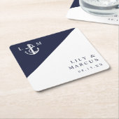 ミニマリスト ネイビーブルー 海事 モノグラム ウェディング スクエアペーパーコースター (アングル)