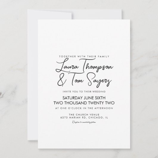 ミニマリスト ハンドレタリング スクリプト ブラック ウェディング 招待状 (正面)